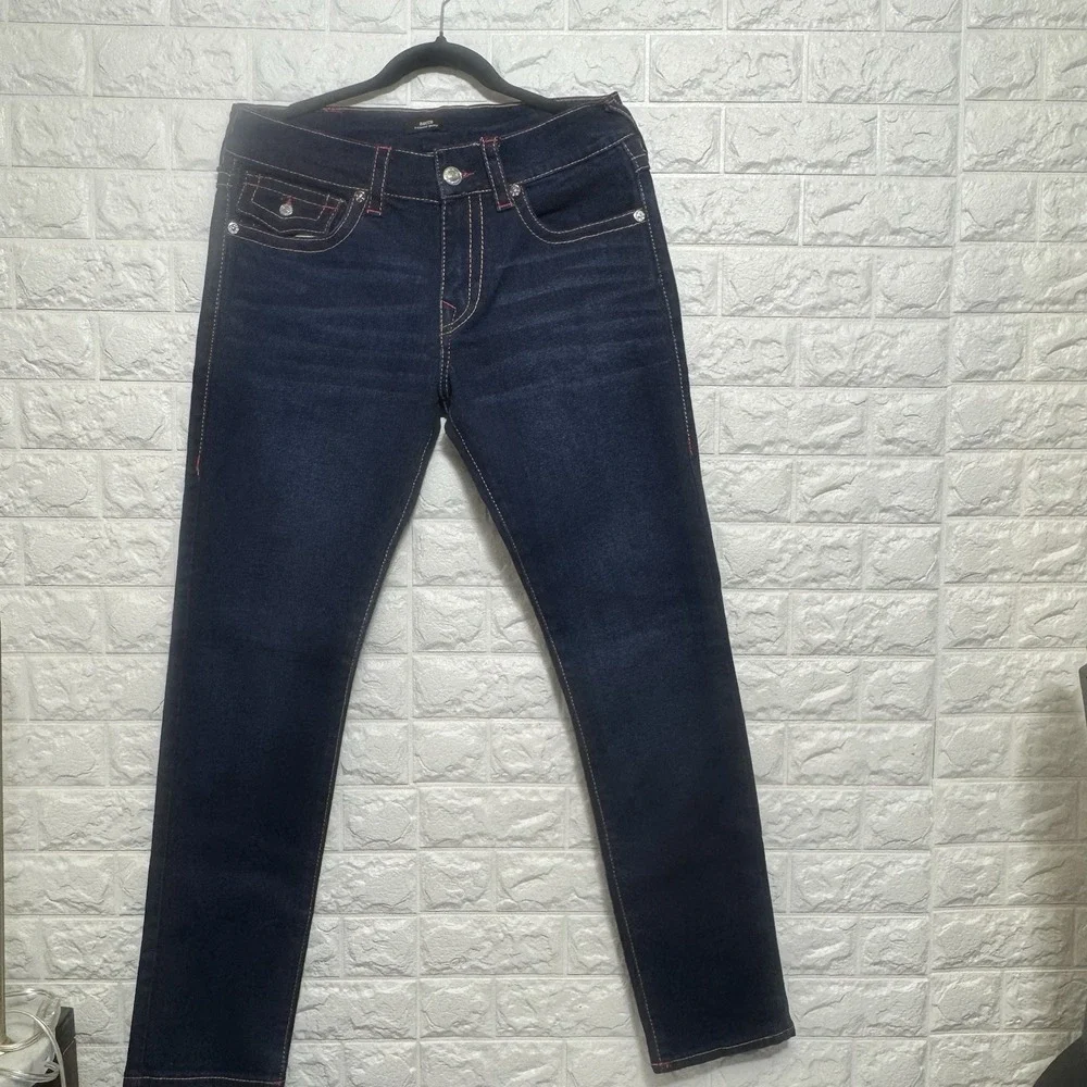 True Religion Rocco Relaxed Skinny Jeans 32x32 Dark Wash Red Stitch Flap Pockets